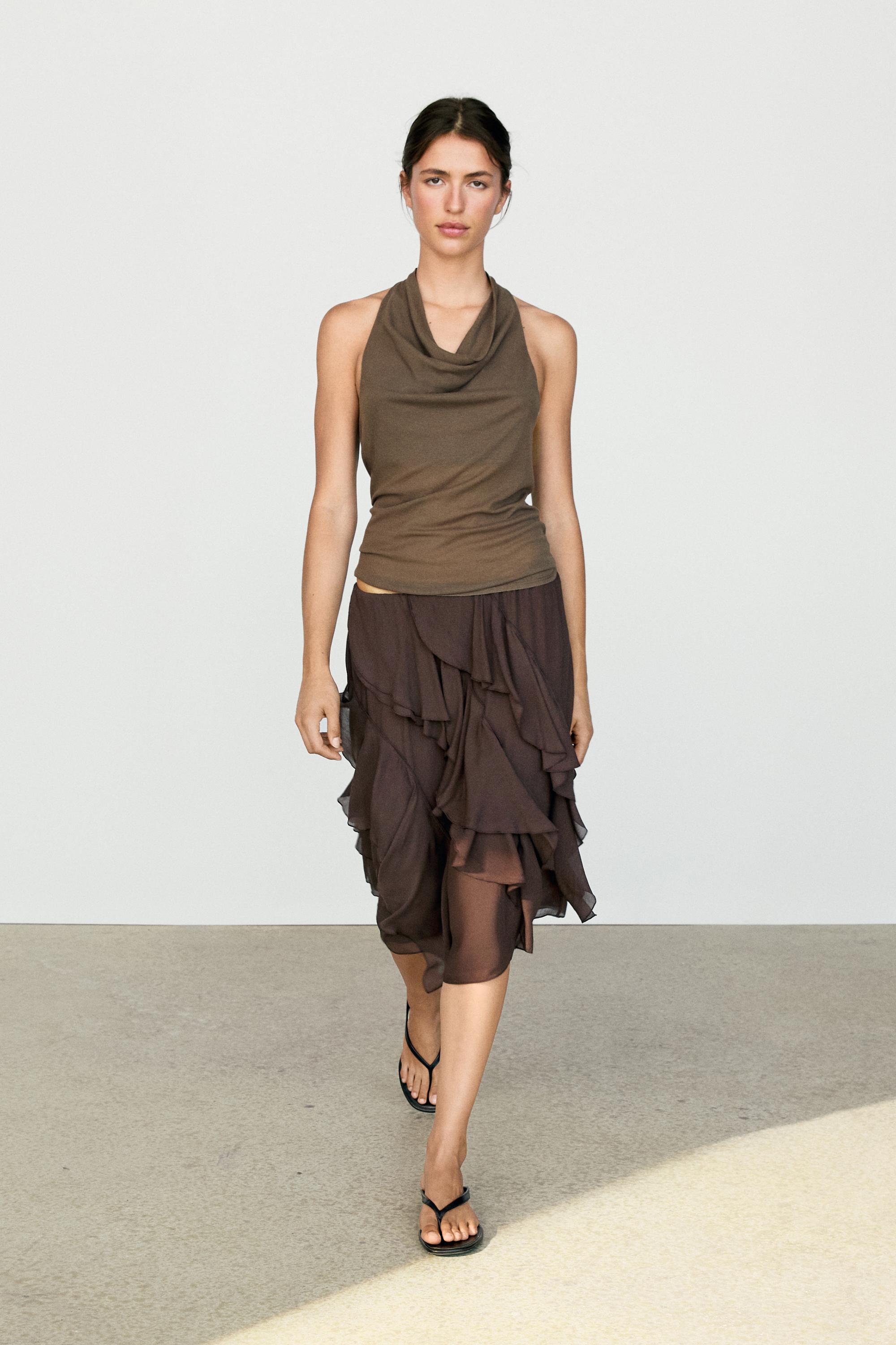 Flowing ruffled midi skirt — Chocolate