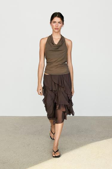 Zara Flowing ruffled midi skirt - Chocolate - Image 0
