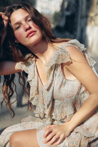 Zara FLORAL PRINT RUFFLE DRESS - Printed