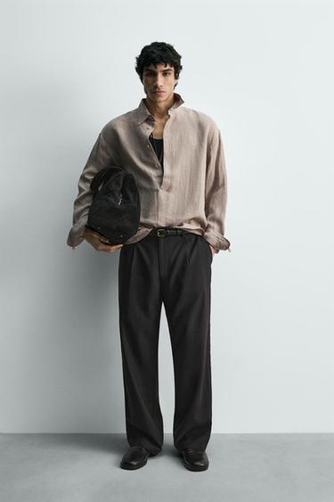 Zara 100% LINEN POLO SHIRT - Taupe gray - Image 0