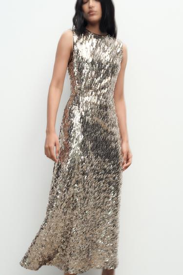 ROBE MI-LONGUE À PAILLETTES - Doré de Zara - Image 2