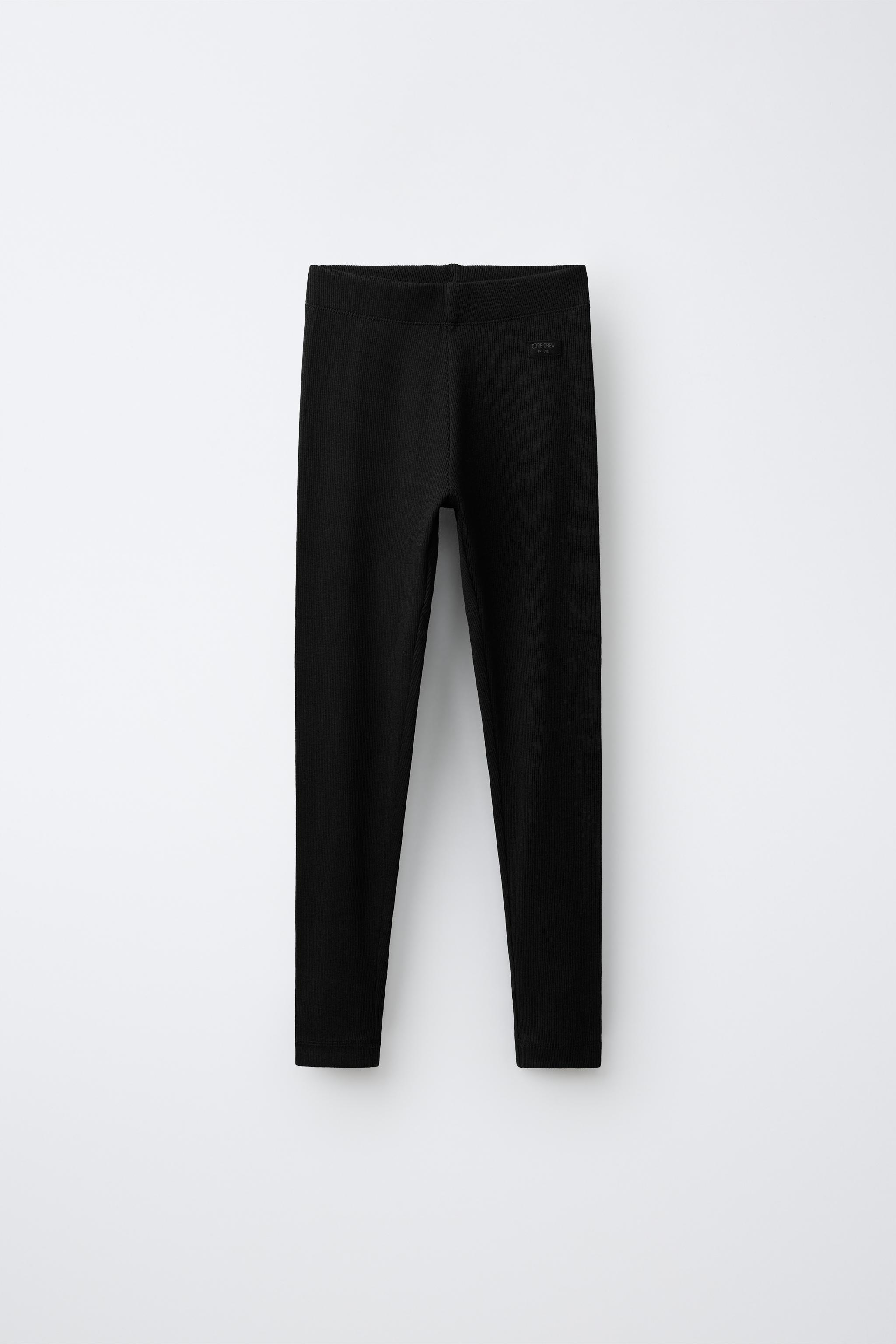 LABEL DETAIL RIBBED LEGGINGS — Black