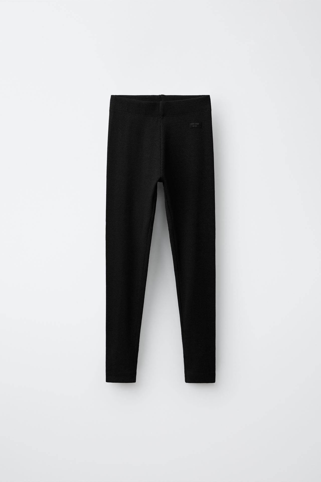 LABEL DETAIL RIBBED LEGGINGS — Black