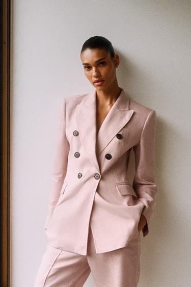 Zara 100% LINEN DOUBLE BREASTED BLAZER SET - Beige-pink