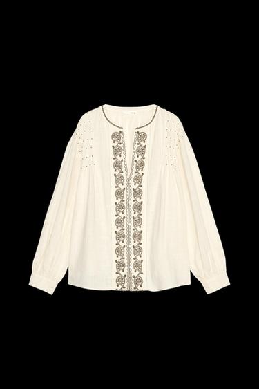 Zara EMBROIDERED BEADED BLOUSE - Ecru / Green - Image 0