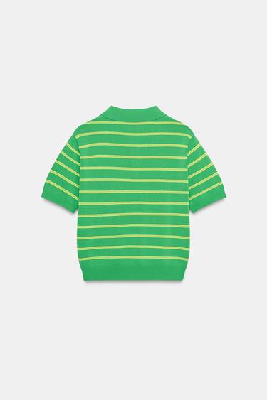 POLO EN MAILLE À RAYURES ET MANCHES COURTES - Vert de Zara - Image 6