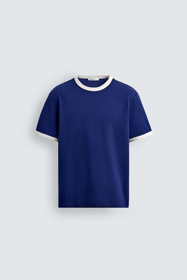Zara 基本款撞色羅紋 T 恤 - 藍色 / 白色