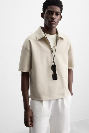 RELAXED FIT POLO SHIRT WITH ZIP - Stone by Zara