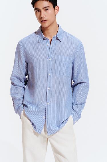 STRIPED REGULAR FIT LINEN/COTTON SHIRT - White / Sky blue by Zara
