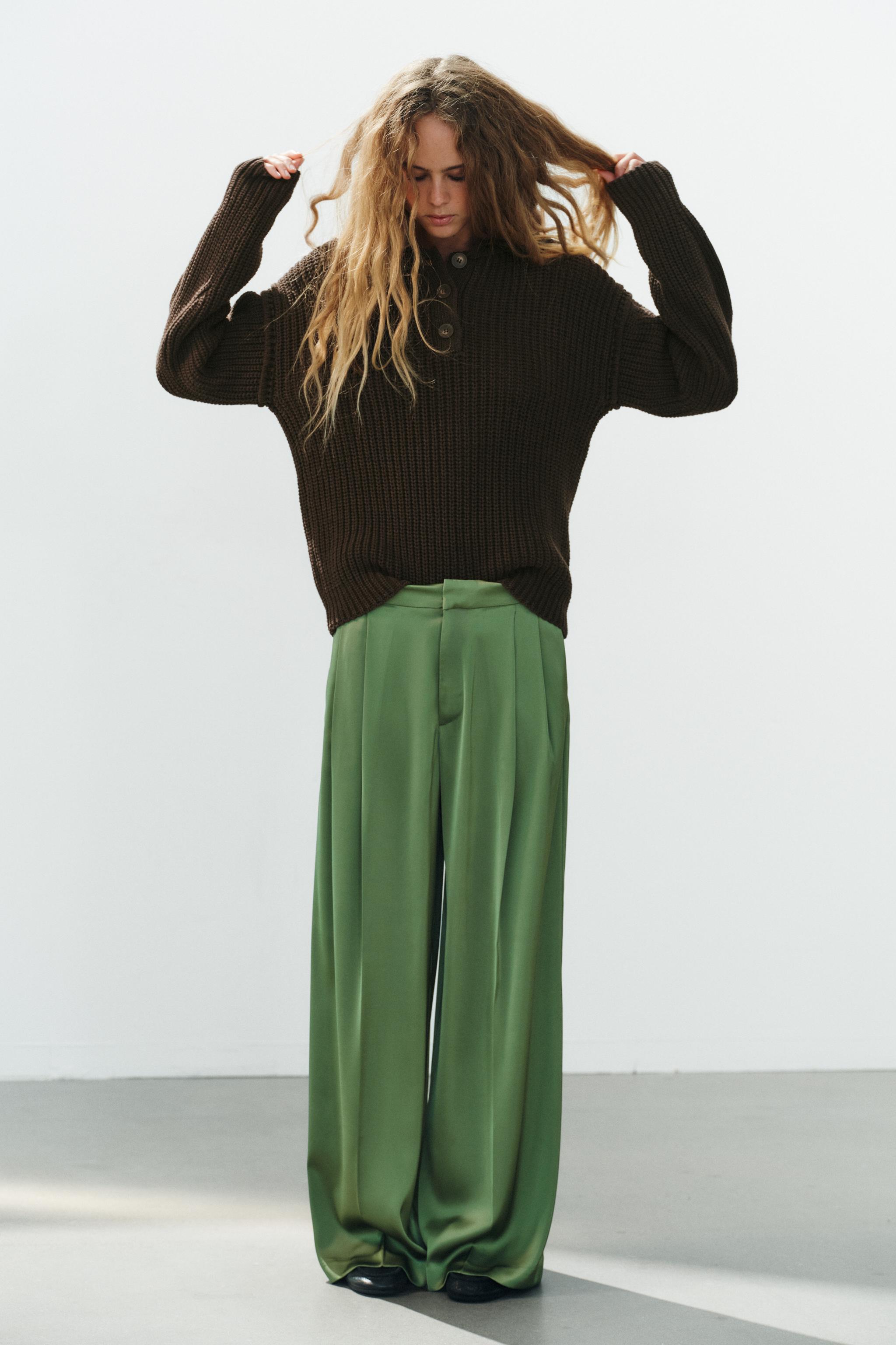 SATIN PLEATED PANTS - Green | ZARA Canada