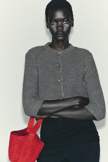 Zara JEWEL BUTTON KNIT CARDIGAN - Gray