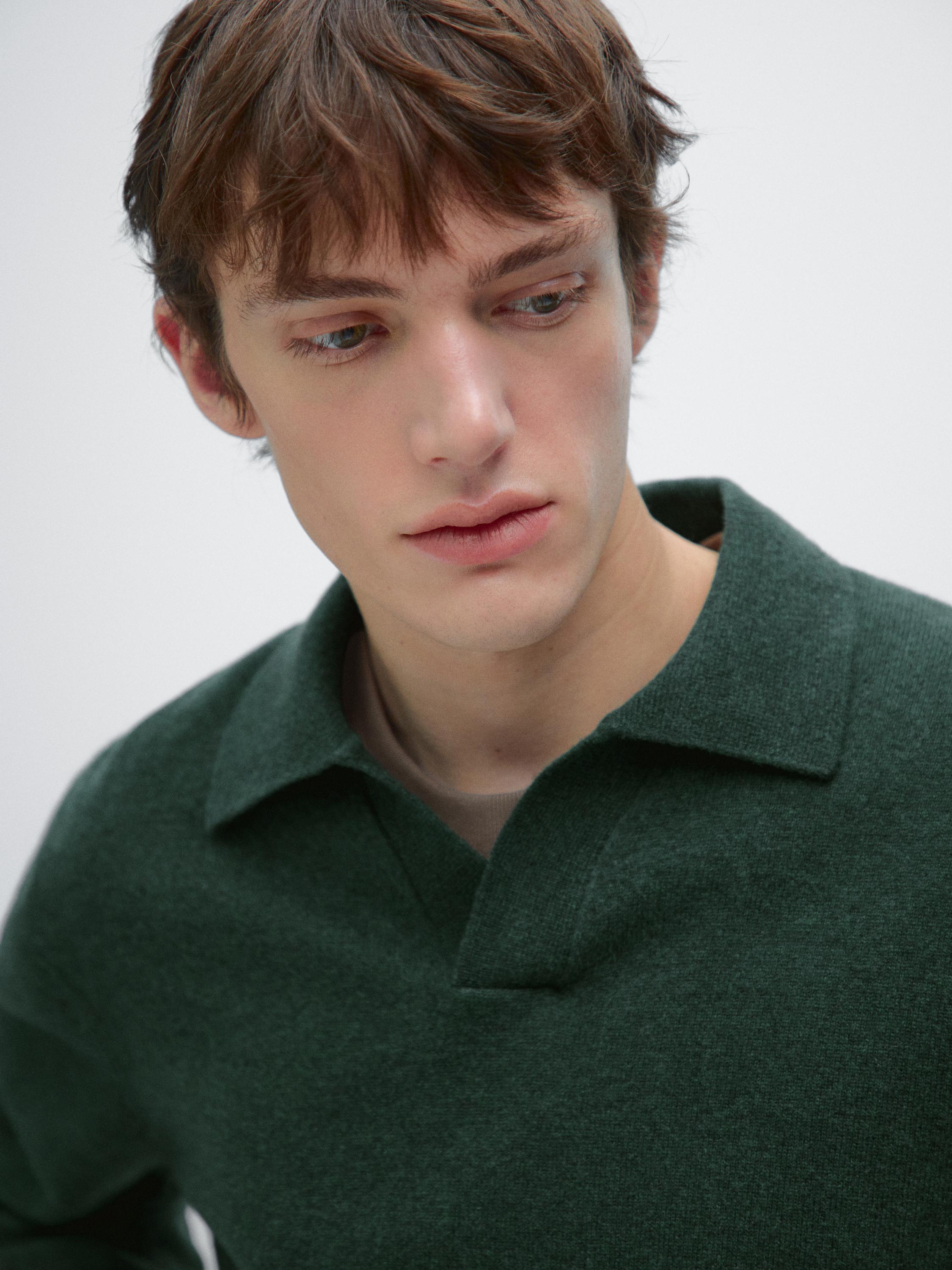 Pull polo à col en V maille 100 % laine