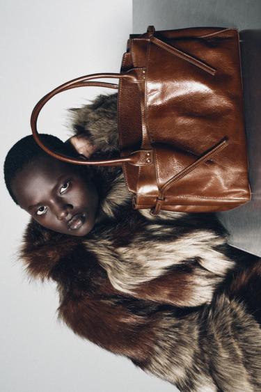 Zara LEATHER CITY BAG - Dark tan