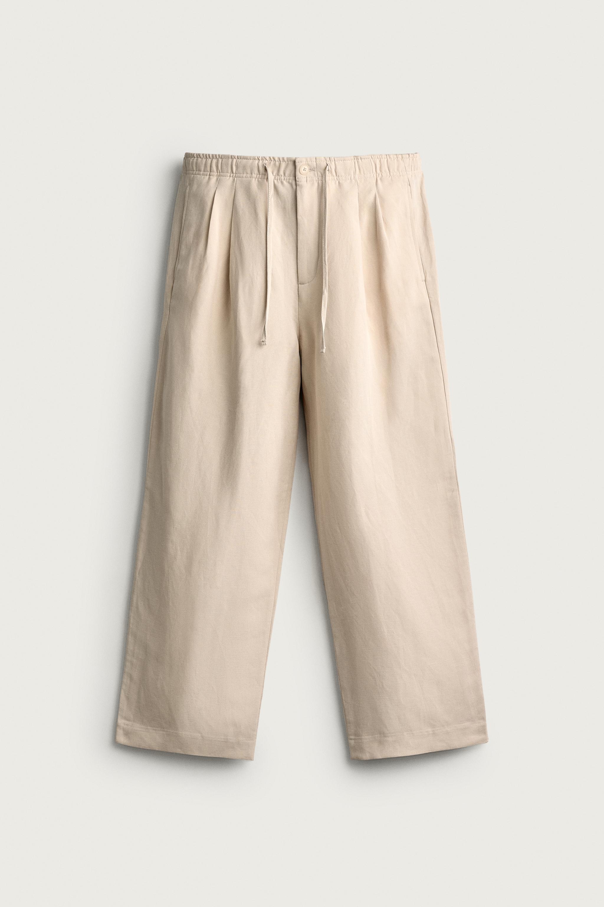 VISCOSE LINEN BLEND RELAXED FIT PANTS — Ecru