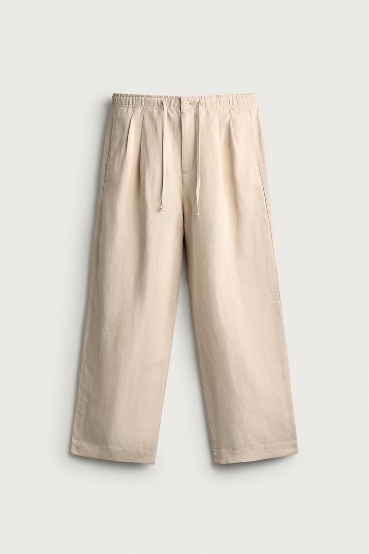 VISCOSE LINEN BLEND RELAXED FIT PANTS — Ecru