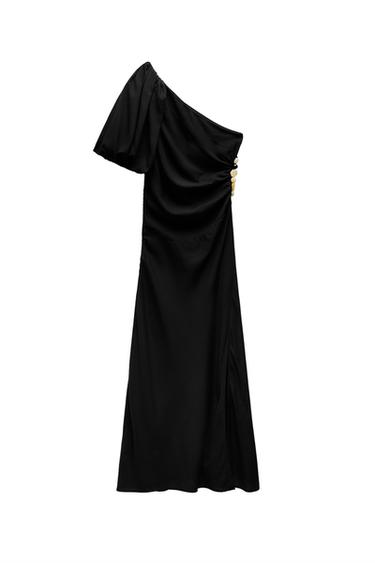 Front view of an asymmetric black dress with one shoulder and decorative buttons.