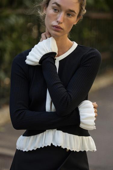VESTE COMBINÉE TRICOT CONTRASTE - Noir / Blanc de Zara - Image 2
