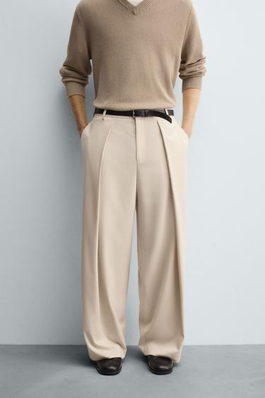 Zara PINSTRIPE PLEATED PANTS - Beige