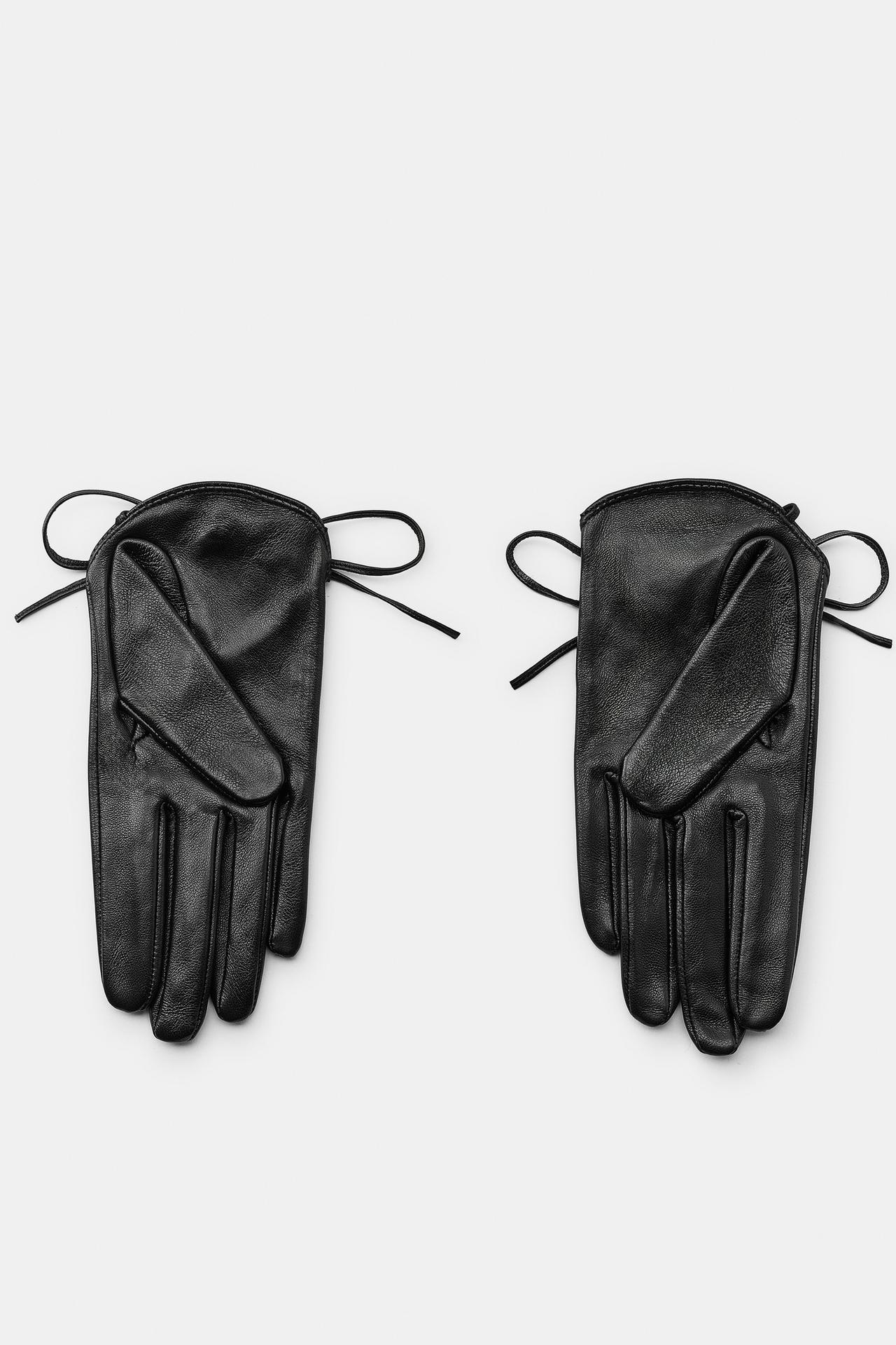 100% LEATHER SHORT GLOVES WITH TIE — Black