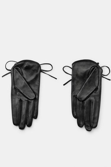 100% LEATHER SHORT GLOVES WITH TIE — Black 1