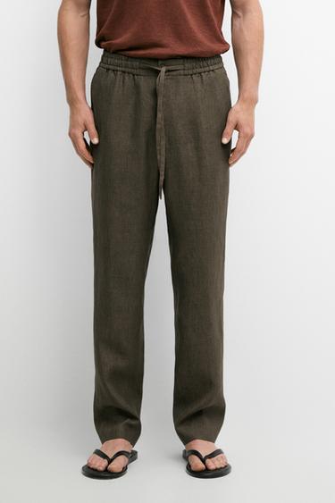 Zara 100% linen jogger fit trousers - Green marl