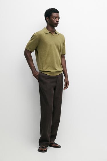 Zara Linen blend knit polo sweater - Intense yellow - Image 0