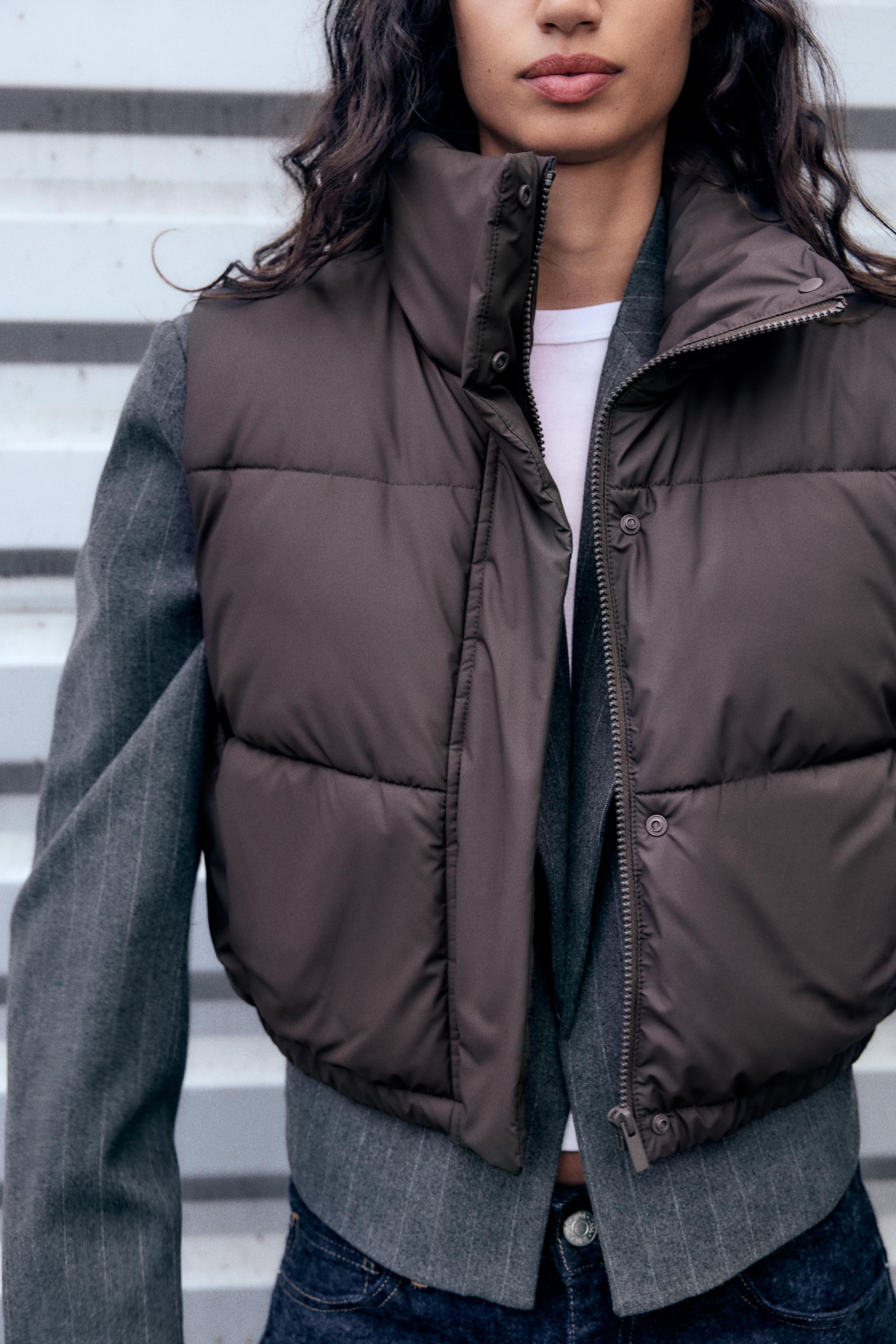 RUBBERISED CROPPED PUFFER GILET - Dark brown | ZARA Australia