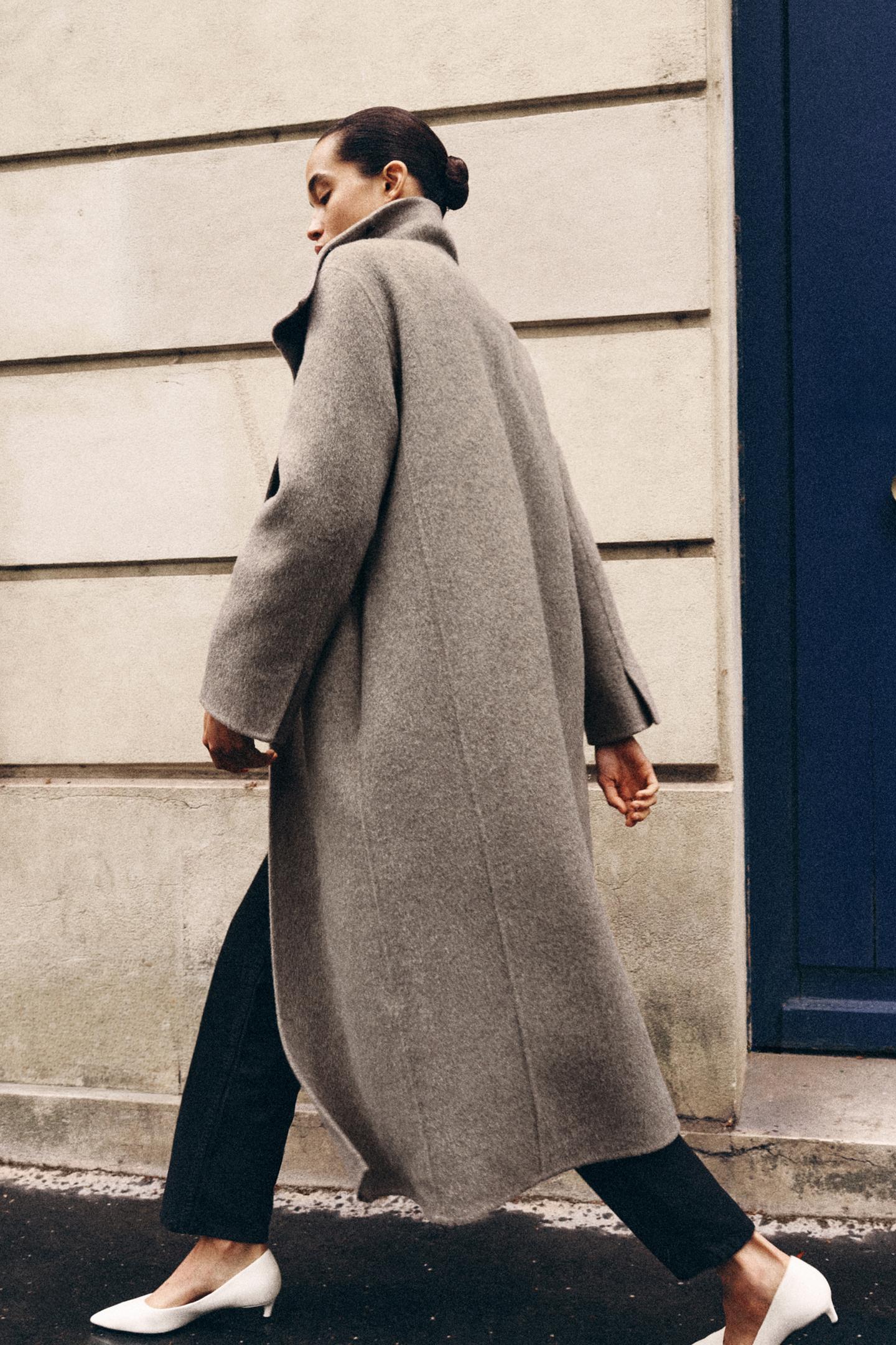 Женское пальто Zara ZW Collection Long Wool-Blend, цвет: Серый меланжевый — фото 4