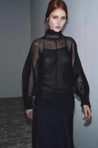 Zara ZW COLLECTION SEMI-SHEER BLOUSE - Black