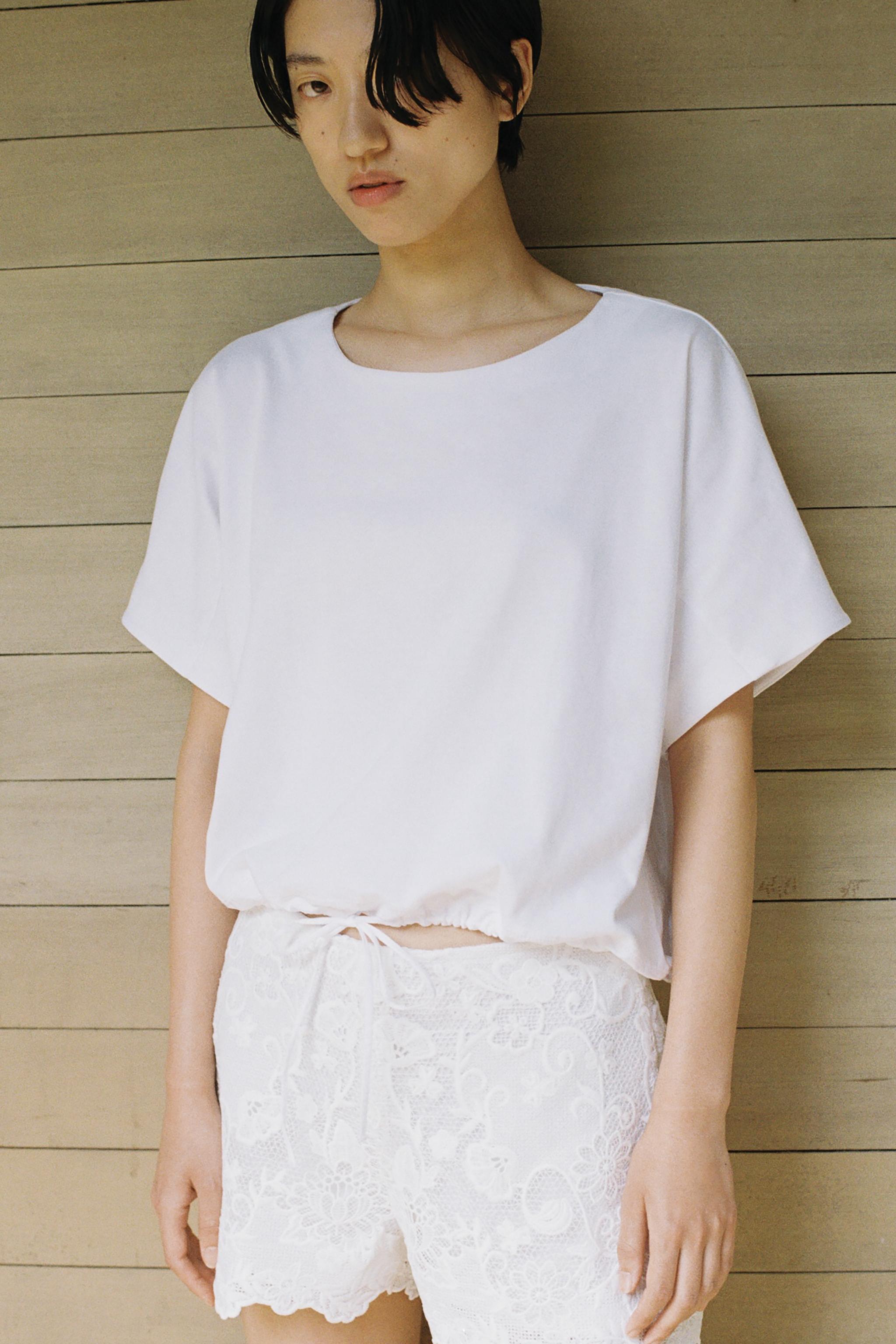 コットンギャザーTシャツ - ホワイト | ZARA Japan / 日本