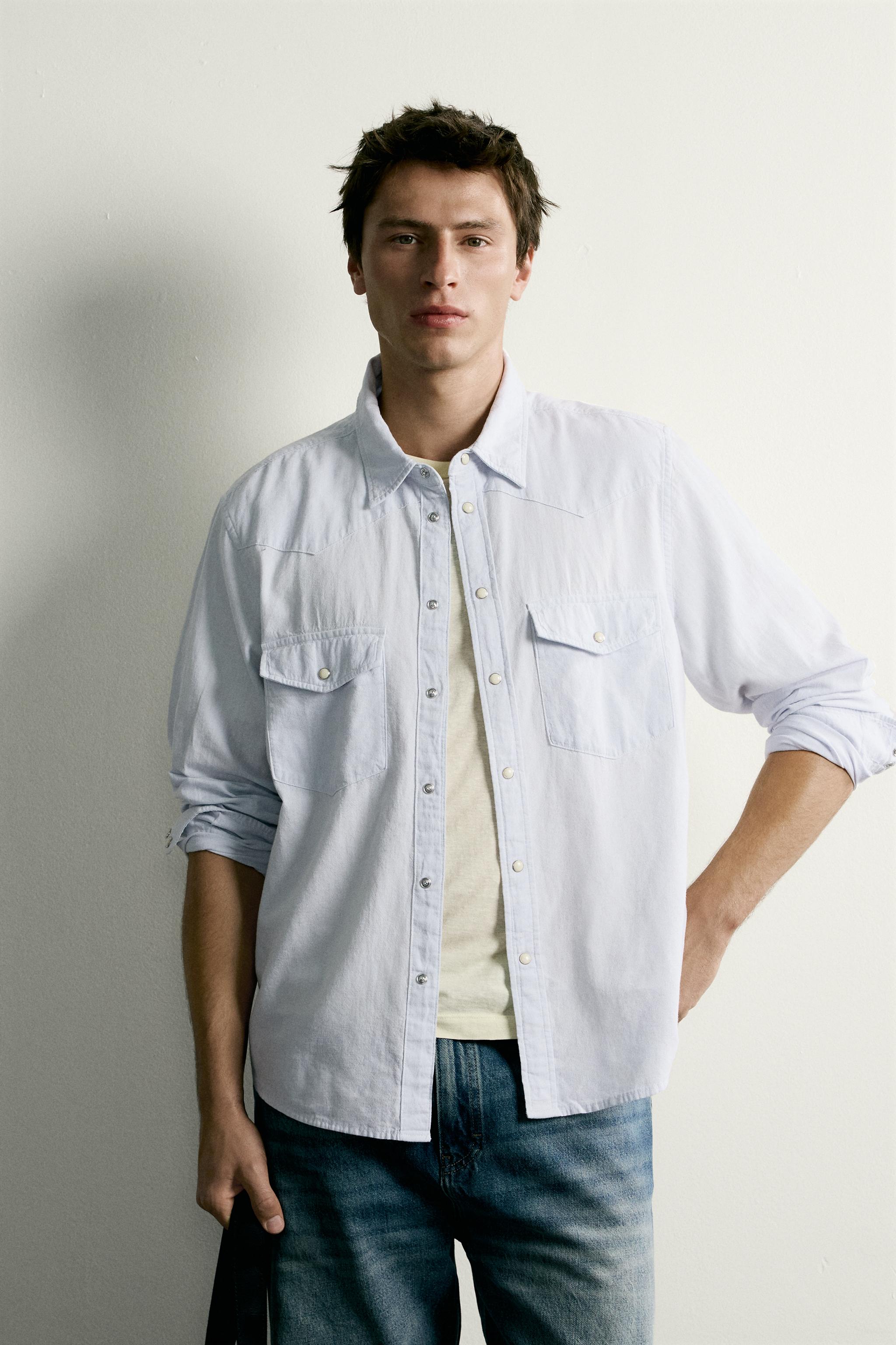 REGULAR FIT COTTON-LINEN WESTERN SHIRT — Sky blue