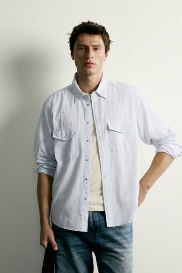 COTTON/LINEN WESTERN REGULAR FIT SHIRT - Sky blue by Zara
