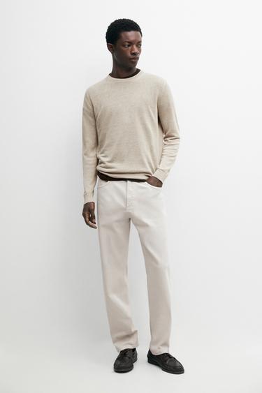 Zara Lightweight tapered fit denim-effect trousers - Stone