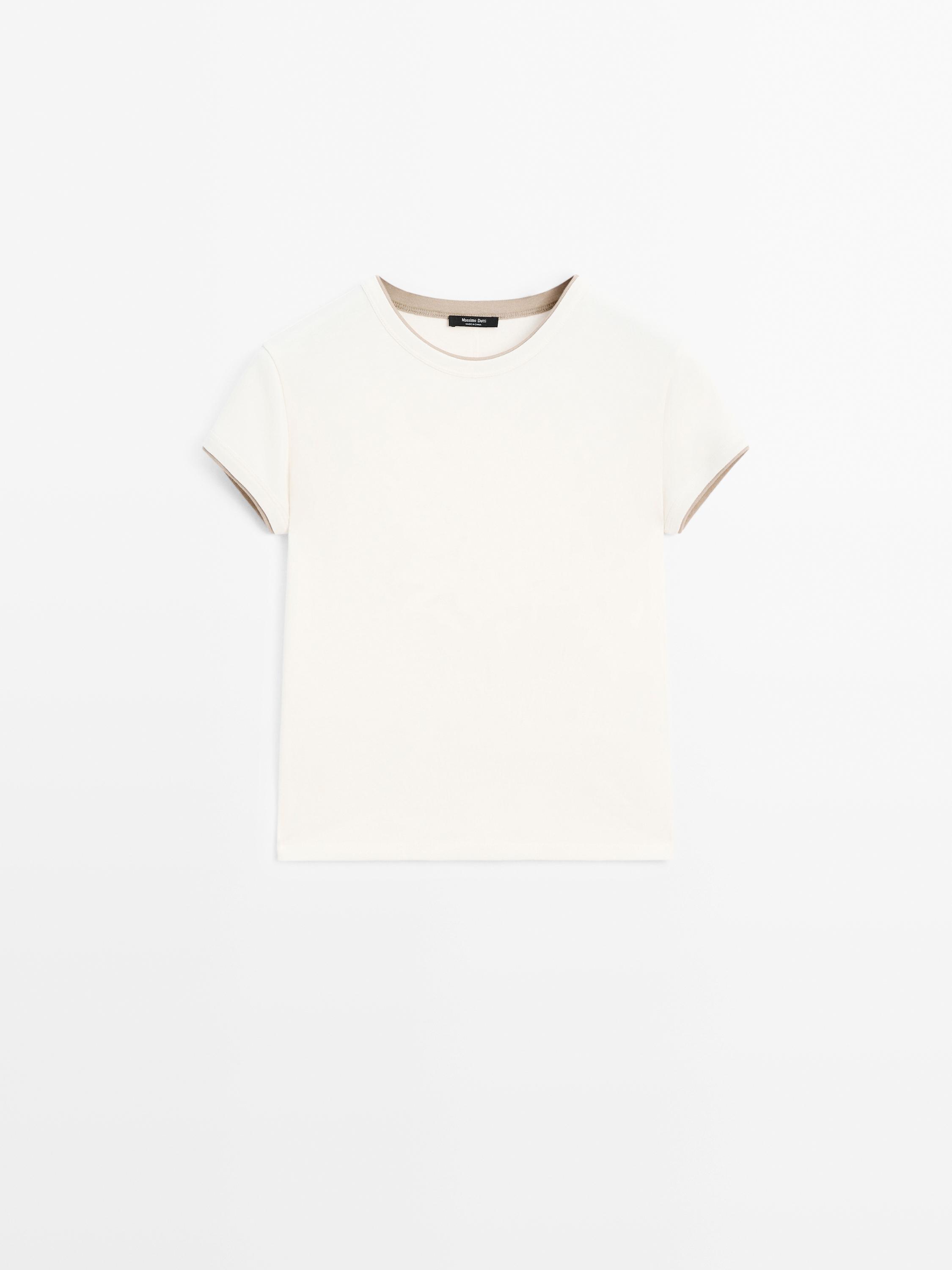 100% cotton contrast ribbed T-shirt - Oyster-white | ZARA 100% cotton contrast ribbed T-shirt - Oyster-white | ZARA