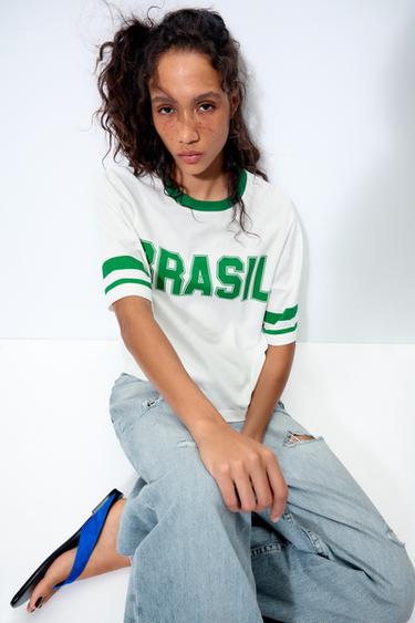 CAMISETA COM TEXTO EM CONTRASTE - Branco-marfim da Zara
