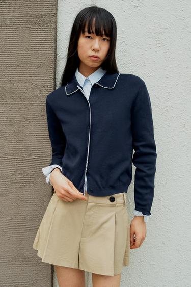 PETER PAN COLLAR KNIT CARDIGAN - Navy blue by Zara