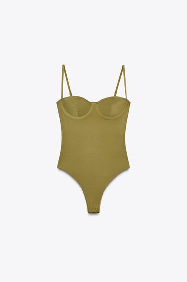 Zara SATIN EFFECT CAMISOLE BODYSUIT - Olive green