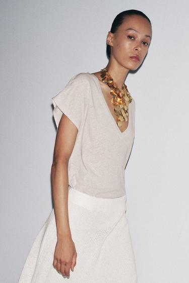 COTTON - LINEN BLEND T-SHIRT - Sand by Zara