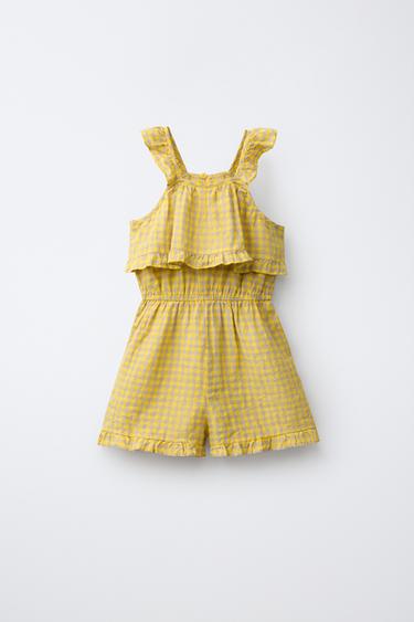 GINGHAM CHECK JUMPSUIT WITH RUFFLE 100% LINEN - Yellow by Zara