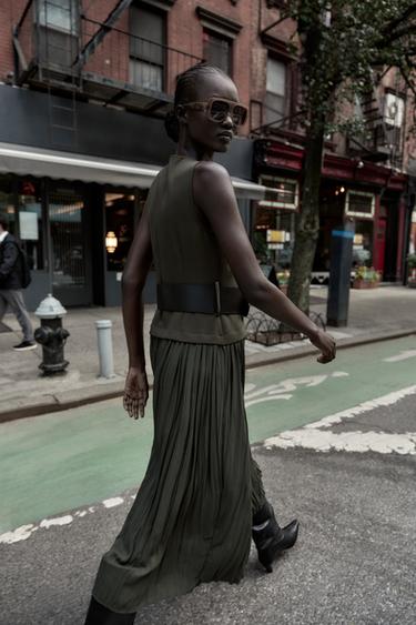 MIDI CONTRAST DRESS WITH BELT - Khaki by Zara - Image 3