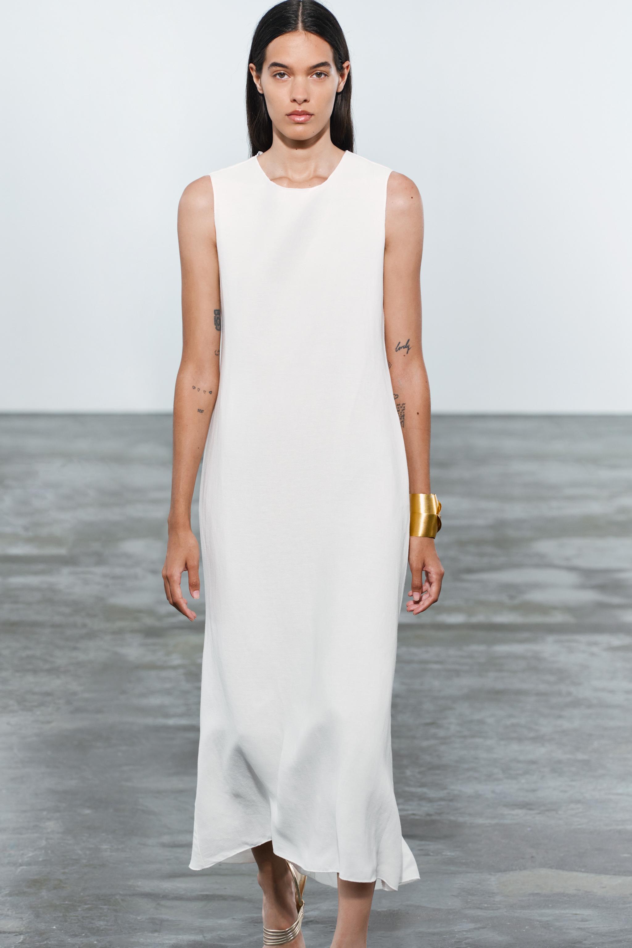 LINEN BLEND MIDI DRESS ZW COLLECTION - Oyster-white | ZARA United States