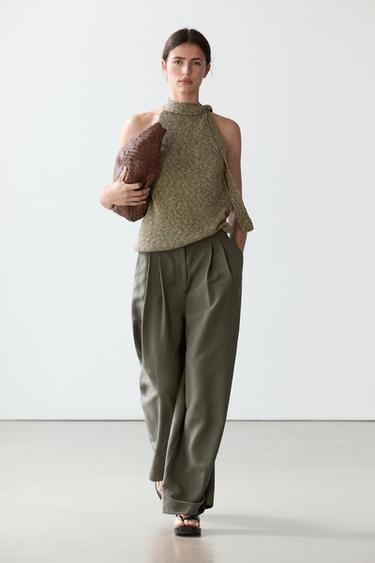 Top à encolure américaine avec nœud 100 % coton - Vert moyen de Zara - Image 0