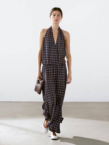 Robe midi ample à encolure américaine imprimée - Chocolat de Zara - Image 0