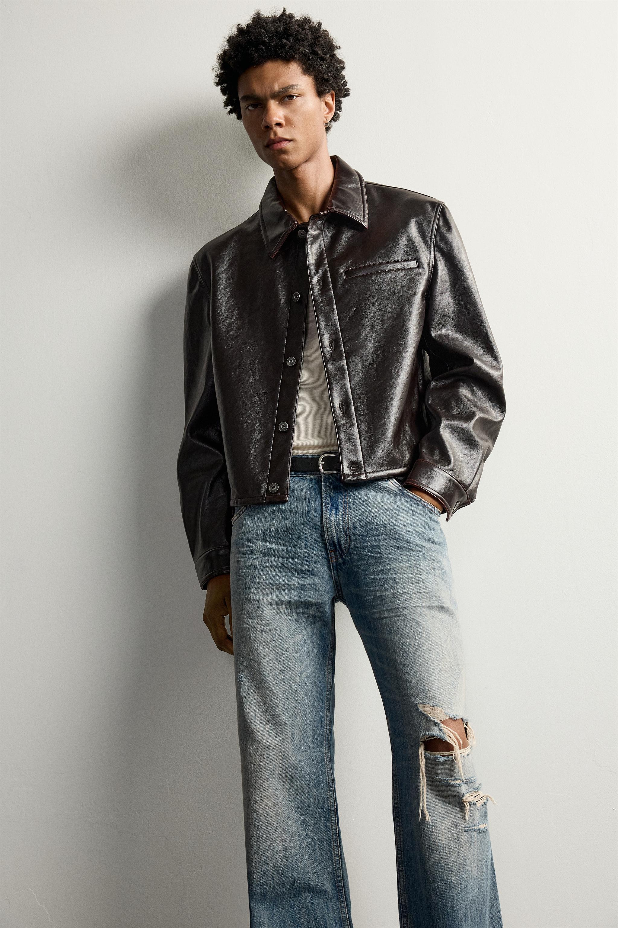 CROPPED-FIT FAUX LEATHER-EFFECT OVERSHIRT