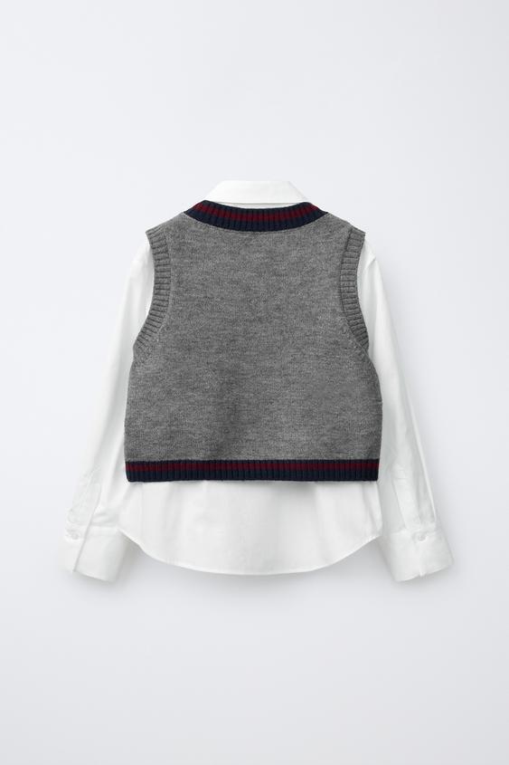 CHEMISE COMBINÉE GILET EN MAILLE VARSITY - Gris de Zara - Image 1