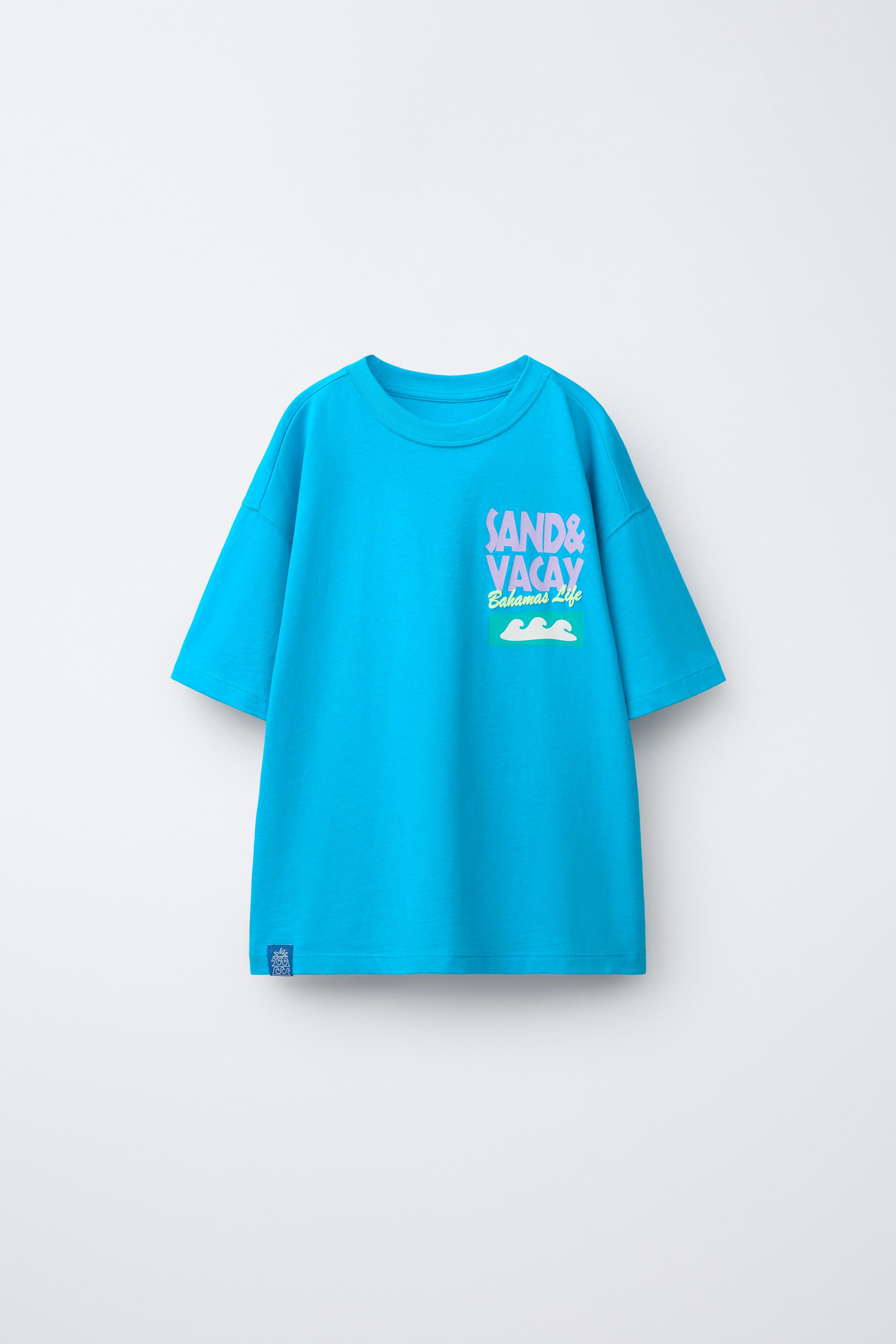 テキストプリントTシャツ - 青色/白色 | ZARA Japan / 日本
