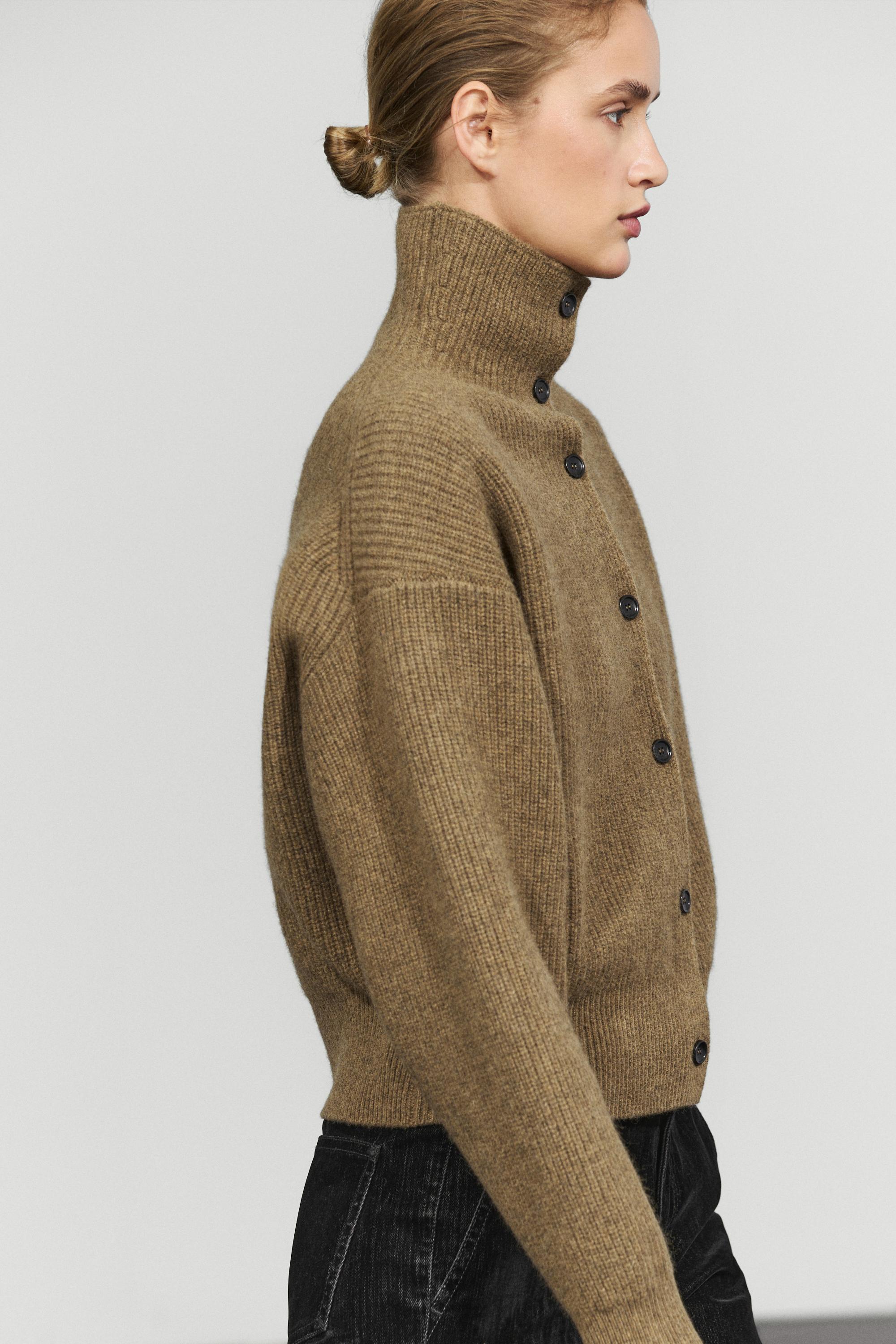 100% wool purl funnel neck cardigan