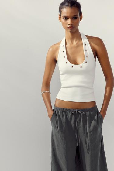 HALTER T-SHIRT WITH EYELETS - White by Zara