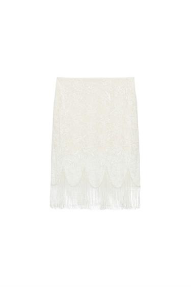 FALDA ENCAJE ABALORIOS FLECOS - Crudo de Zara
