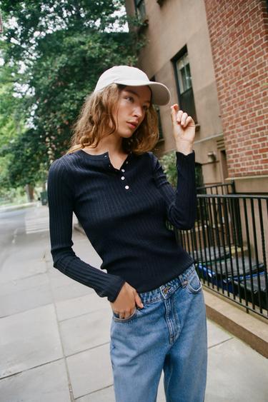 Zara BUTTONED HENLEY T-SHIRT - Navy blue